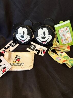 Disney Black Mickey Mouse Ear Coin Purses and Winnie the Pooh Green ID Lanyard